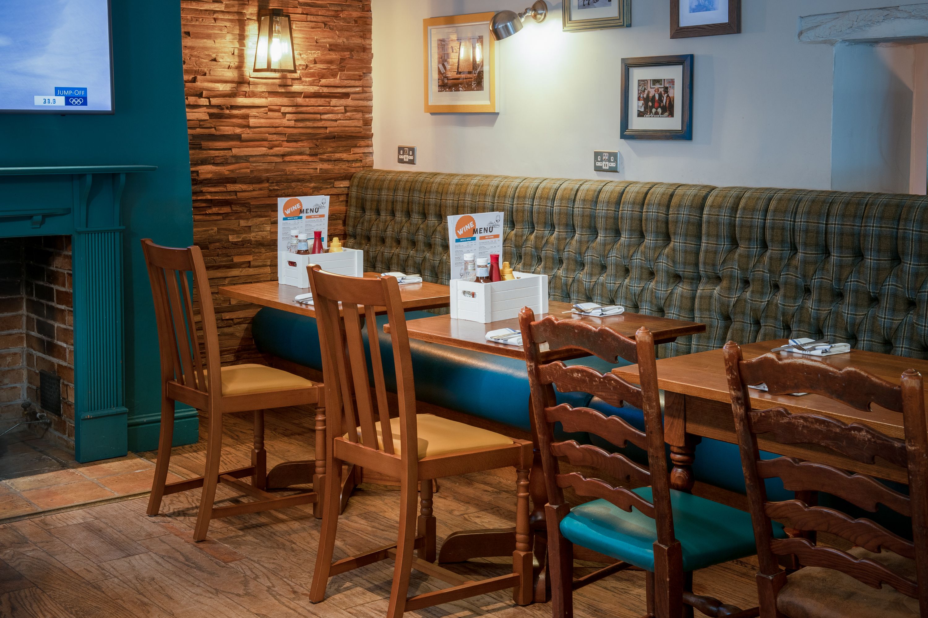 Table and chairs with seating bench on other side